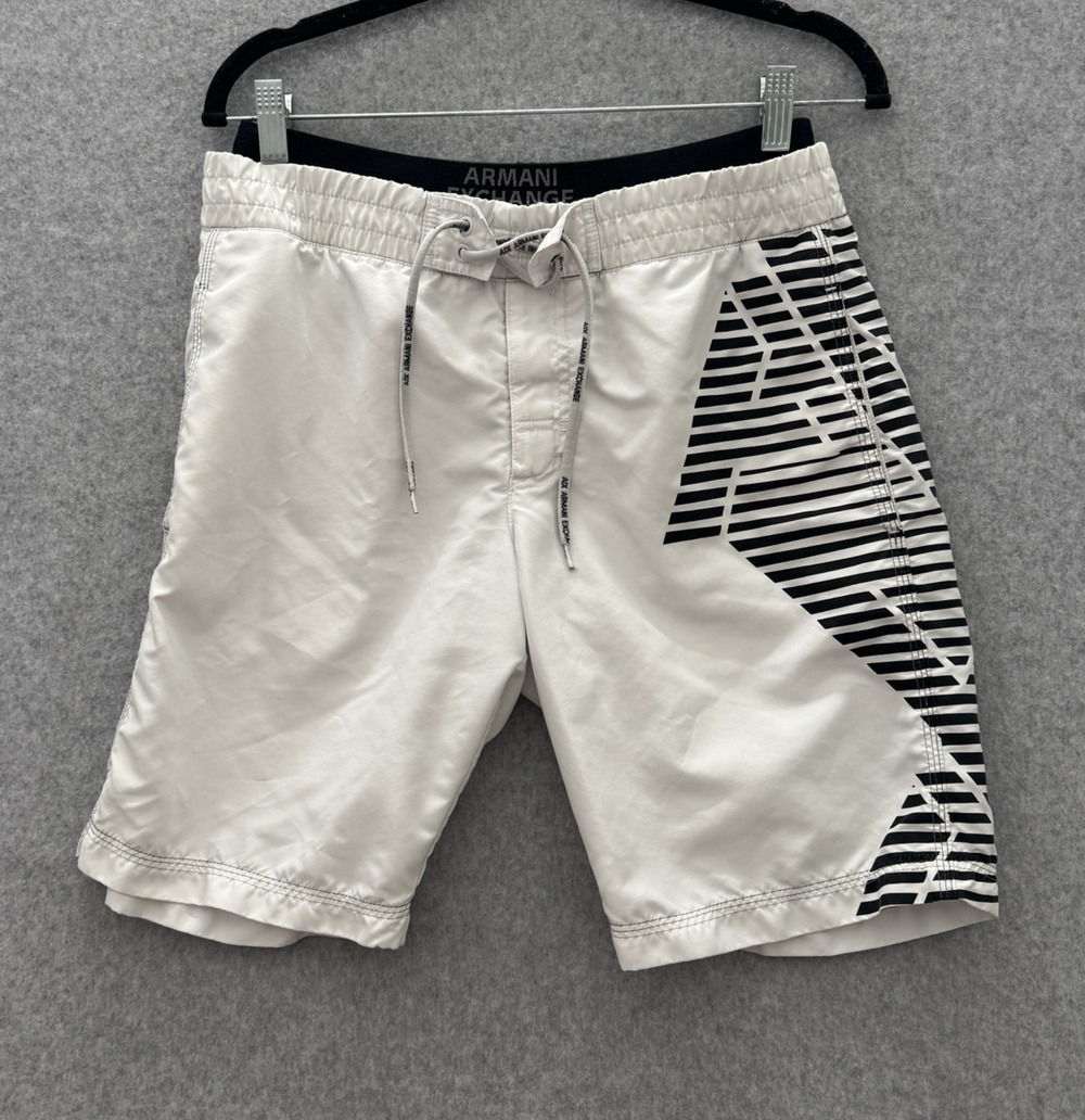 Armani Exchange Men's Graphic Print Swim Trunks Shorts Sz S White Black Lined